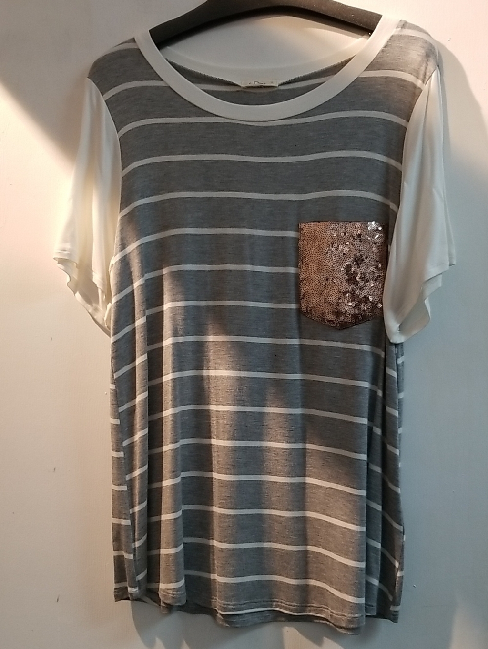 Gray and White Striped Tee with Sequin Pocket
